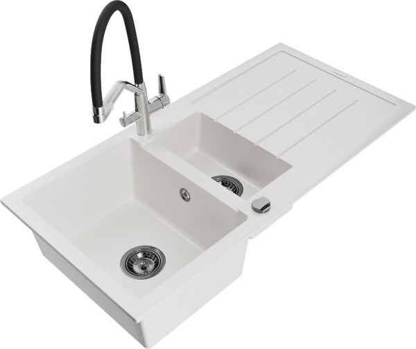 MEXEN/S MEXEN/S - Andres granitový drez s odkvapkávačom vrátane batérie Duo, biela 6515-20-671701-07-B