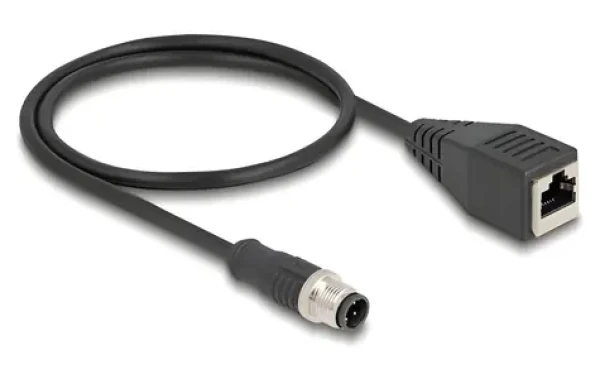 DeLock M12 4pin D-kód (M) - RJ45 (M) / Priemyselný sieťový kábel / 0,5 m / -25 až 80 °C (60067)