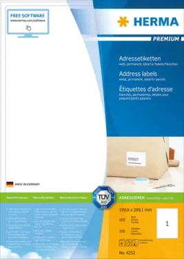 Herma Premium adresové štítky A4 / 199.6 x 289.1 mm / 100 listov (4008705042529)