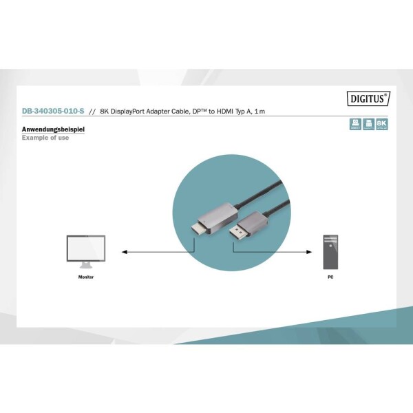 Digitus DisplayPort káblový adaptér Konektor DisplayPort, Zástrčka HDMI-A 1 m čierna DB-340305-010-S 8K UHD, trojžilový tienený, flexibilný, bez halogénov; DB-340305-010-S