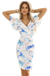 479-8 Šaty NINA s obálkovým výstrihom, rukávmi a opaskom - BLUE FLOWERS XXL