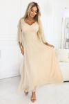 655-4 Dlhé ľahké trblietavé šaty s véčkovým výstrihom a priehľadnými rukávmi - béžovo-šampanská UNI