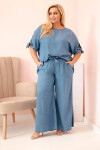 Plus size set z materiálu tencel, blúzka s viazankou a široké džínsové nohavice UNI