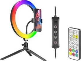 Tracer RGB Ring 26 cm / Kruhové LED svetlo / statív na telefón / diaľkové ovládanie / 18 farieb (TRAOSW46807)