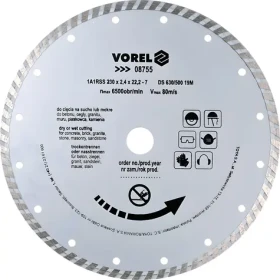 Vorel Kotúč diamantový rezný turbo 230x22,2x2,4 mm / Mokré aj suché rezanie / max. 6500 ot/min (TO-08755)