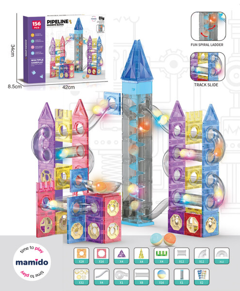 Mamido Mamido Farebná magnetická stavebnica guľôčková dráha so špirálou 156 dielikov
