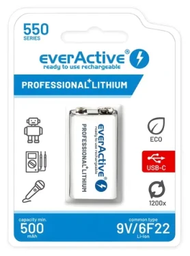 EverActive nabíjacia batéria 9V (6F22) / Batéria / Li- ION / 550 mAh / USB-C (EVHR22-550C)