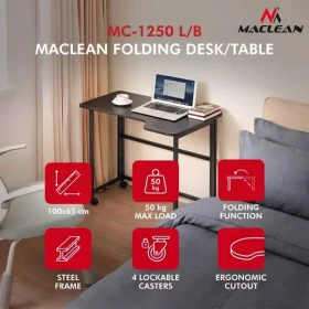 Maclean MC-1250 L/B čierna / Skladací stôl / mobilný / 100x65 cm / rohový, L-tvar / nosnosť 50 kg (MC-1250 L/B)