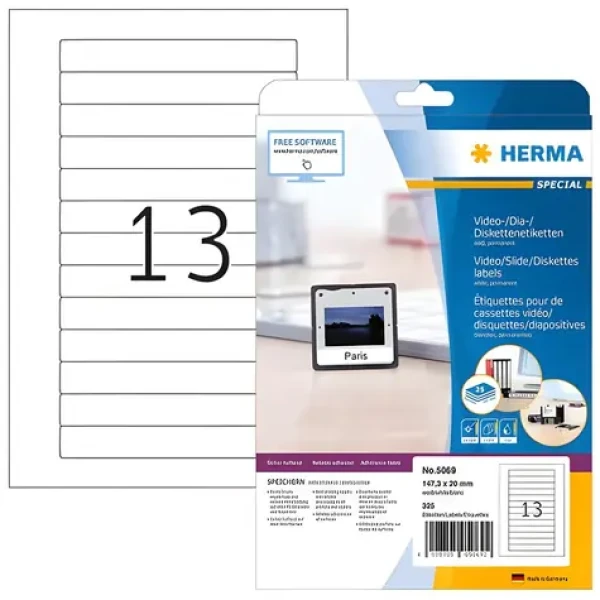 Herma Video etikety A4 biele / Etikety na VHS kazety / 147,3 x20 mm / 325 ks (5069)