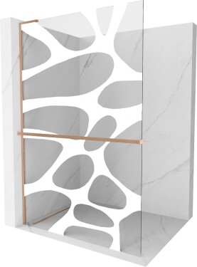 MEXEN/S - Kioto+ L Sprchová zástena WALK-IN s poličkou a držiakom uterákov 90 x 200, biely vzor, meď kartáčovaná 800-090-123-65-97