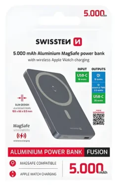 Swissten Fusion 5000 mAh strieborná / Power Bank / MagSafe / nabíjanie Apple Watch