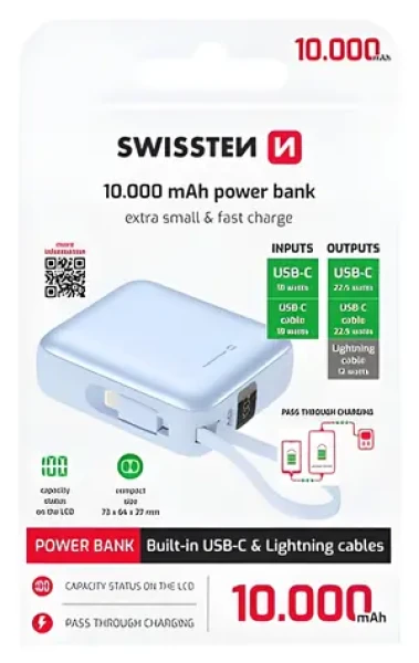Swissten Space 10000 mAh modrá / Powerbanka s integrovanými káblami / USB-C + Lightning