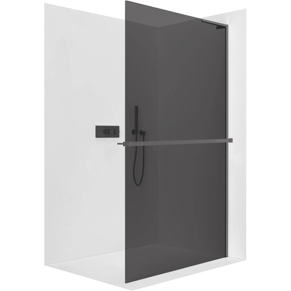 CERANO - Sprchová zástena Walk-in Onyx L-pravá vzpera - 10 mm + polička/držiak na uteráky - čierna matná, grafitové sklo - 140x200 CER-8050BD75566
