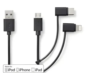 Nedis USB-A kábel 3v1 čierna / Dátový kábel / Lightning, Micro-B, USB-C / 480 Mbps / 1 m (CCGL60620BK10)