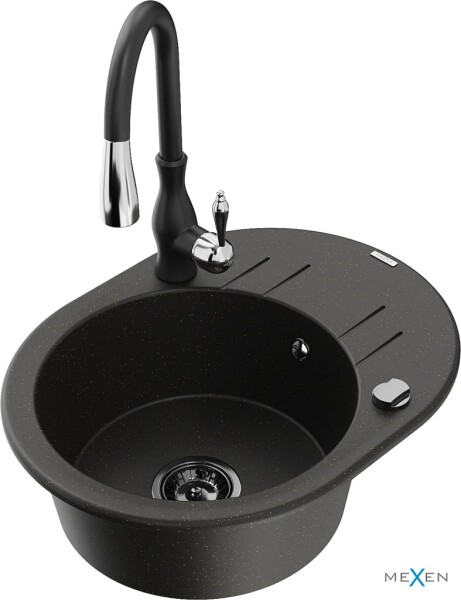 MEXEN/S MEXEN/S - Kevin granitový drez 1 s odkvapkávačom vrátane batérie Savita, čierna/zlatá metalik 6517-75-672601-70-B