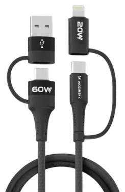 Wozinsky WNBAA čierna / Nabíjací a dátový kábel 4v1 / 2x USB-C / USB-A / Lightning / 60W / 1 m