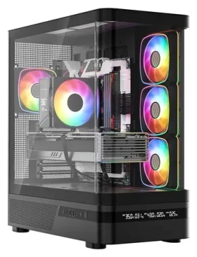 Modecom Volcano AQ200 ARGB čierna / Skriňa / ATX / 1x USB-C 3.2 / LED displej / tvrdené sklo / bez zdroja (MC-A-AQ200-4FA-B)