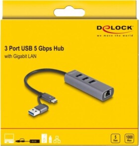 Delock DeLOCK 3 Port USB 5 Gbps Hub + Gigabit LAN with USB Type-C, Docking Station (grey)