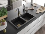 MEXEN/S MEXEN/S - Hektor granitový drez 2-bowl 800 x 480 mm, čierna/strieborná metalík, zlatý sifón 6521802000-73-G