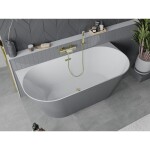 MEXEN/S - Oval Slim voľne stojaca vaňa nástenná 170 x 80, biela/sivá, sifón a prepad zlatá 52661708062-50