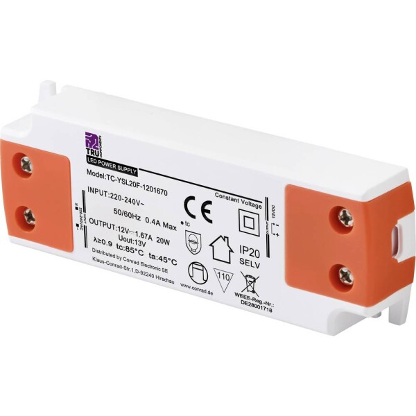 TRU COMPONENTS TC-YSL20F-1201670 napájací zdroj pre LED konštantné napätie 20 W 1.67 A 12 V/DC schválenie nábytku, prepätia, montáž na nehorľavom povrchu; TC-13492688
