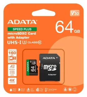 ADATA Speed PLUS Micro SDXC karta 64GB + SD adaptér / UHS-I U3 / V30 / A2 / R: 160MB/s / W: 140MB/s (UD64GUI3V30A2SP-RA1)