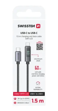 Swissten Kábel USB-C s LCD displejom 1.5m čierna / 60W / 2x USB-C (M) (71551074)