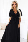545-5 Dlhé šaty so skladaným výstrihom a viazaním - ČIERNE UNI