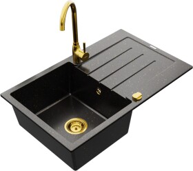 MEXEN/S MEXEN/S - Bruno granitový drez 1 s odkvapkávačom vrátane batérie Telma, čierna/zlatý 6513-75-670200-50
