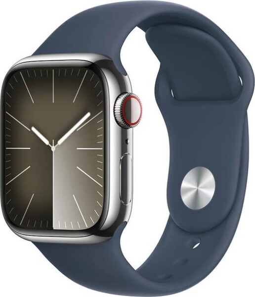 Apple Watch Series 9 GPS + Cellular, 41mm Koperta ze stali nierdzewnej w farbaze strieborným z paskiem sportowym w farbaze sztormowego błękitu - M/L