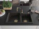 MEXEN/S MEXEN/S - Tomas granitový drez 2-bowl vrátane batérie Aster, čierna/zlatá metalik 6516-75-73450-57-G