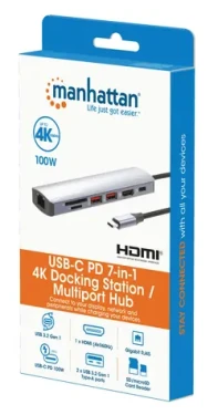 Manhattan Dokovacia stanica 7-in-1 strieborná / Dokovacia stanica / USB-C / HDMI 4K 60Hz / USB-A 3.2 Gen2 / PD 100W (153966)