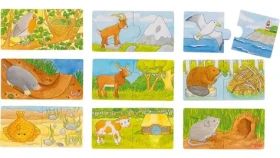 GOKI Drevené puzzle dvojice Zvieratká a ich domov 9x2 dielikov