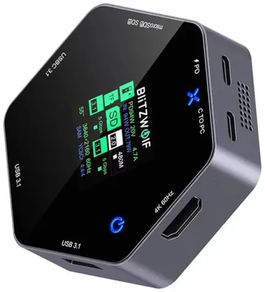 Blitzwolf BW-TH16 dokovacia stanica 8in1 sivá / LCD SMART Display / 2x USB-A / 3x USB-C / 1x HDMI / SD + TF (BW-TH16)