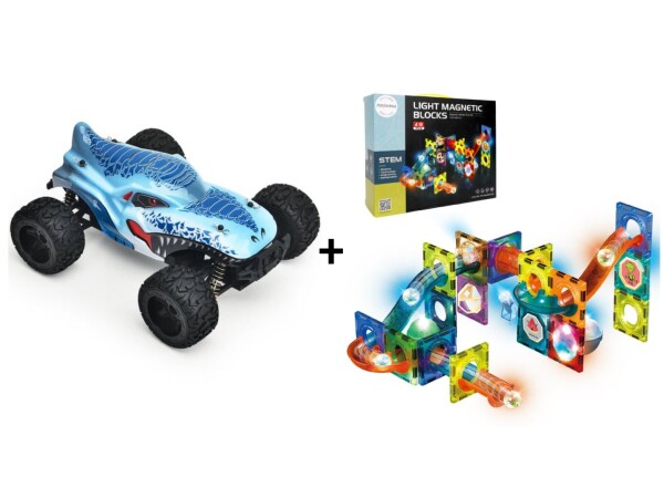 Mamido Mamido Výhodná sada RC Monster Truck 1:16 Max 35 km/h 4x4 + Magnetická svietiaca stavebnica guličková dráha 49 dielov