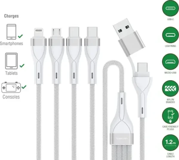 4smarts 541024 biely / USB kábel / USB-A + USB-C - 2x USB-C + Lightning + microUSB / 1,2 m (541024)