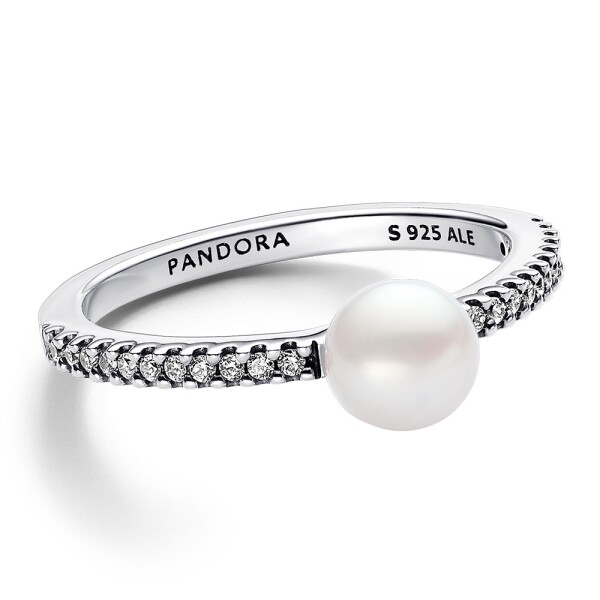 Pandora Blyštivý strieborný prsteň s pravou perlou Timeless 193158C01 50 mm