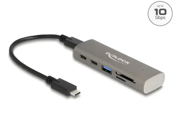 DeLock USB-C Hub sivá / USB hub / 10 Gbps / 3× USB-C + 1× USB-A / čítačka SD a microSD kariet (64236)
