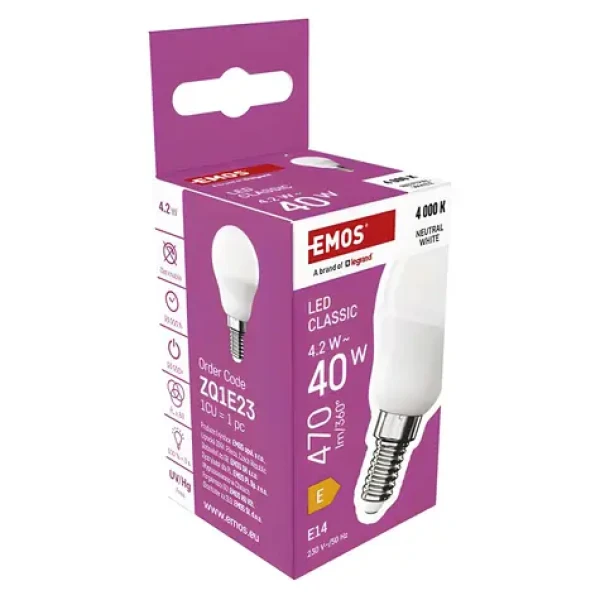 Emos LED žiarovka Mini Globe E14 4,2W / Žiarovka / náhrada za 40W / neutrálna biela 4000K / 470 lm / 30000h (ZQ1E23)
