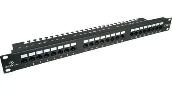 Patch panel UTP Cat.6 24 portov čierny / Patch panel / 1U / RJ-45 / LSA / s policou (PK001)