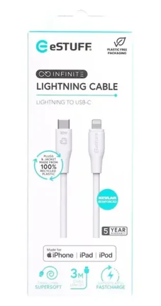ESTUFF INFINITE (GRS) biela / Kábel / USB-C - Lightning / MFI / 3 m (ES602370)