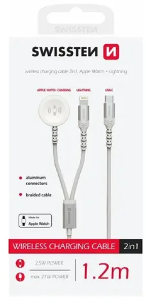 Swissten Magnetický kábel pre Apple Watch a Lightning 1.2m biela / USB-C / 2v1 / 60W / opletený (22065503)