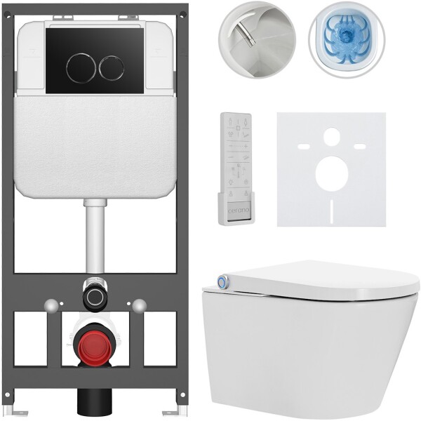 CERANO - Závesné WC s bidetom Basic/Cronus Premium - biela lesklá - WC tlačidlo Dualo/Čierna - závesné - predstenová inštalácia - 59,3x38,4 CER-8050BD86473
