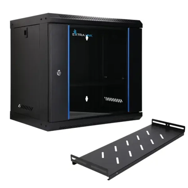 Extralink LITE čierna / Nástenná skriňa / 19" / 9U / sklenené dvere / 530 x 400 mm / s policou (EX.28792)