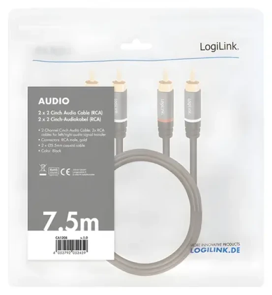 LogiLink 2x RCA - 2x RCA čierna / Audio kábel / pozlátené konektory / 7,5 m (CA1208)