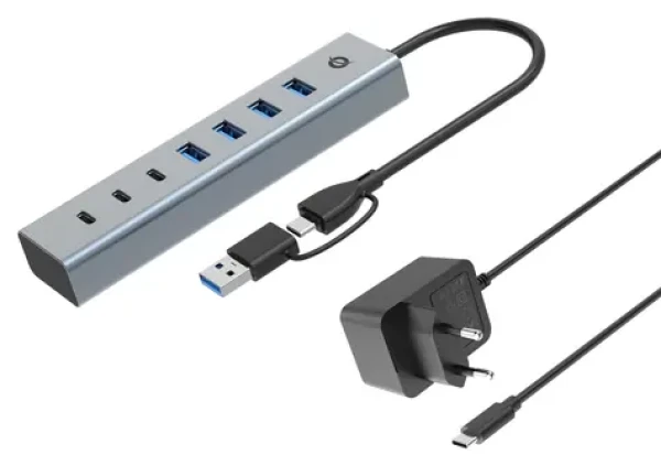 Conceptronic USB hub 7 portov šedá / USB hub / 4X USB-A 3.0 + 3x USB-C / 5 Gbit / s / napájací adaptér (HUBBIES20GP)