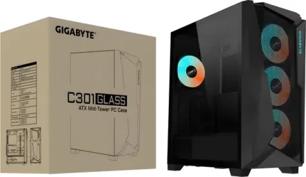 GIGABYTE C301 GLASS V2 čierna / E-ATX / 2x USB 3.0 + 1x USB-C 3.2 / 4X 120mm ARGB / bez zdroja / priehľadná bočnica (GB-C301G V2)