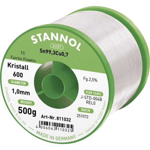 Stannol Kristall 600 Fairtin spájkovací cín bez olova bez olova Sn99,3Cu0,7 REL0 500 g 1 mm; 811032