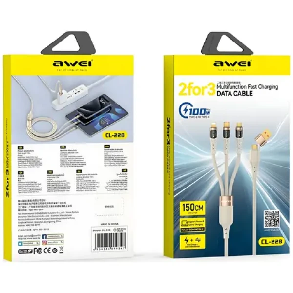 AWEI CL-228 3v1 čierna / Kábel / USB-C - USB-C + Lightning + Micro-USB / 100W / LED displej / 1,5 m (CL-228)