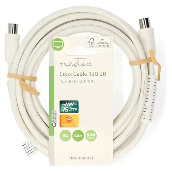 Nedis Koaxiálny kábel IEC zástrčka-zásuvka biela / Koaxiálny kábel / 120 dB / 75 Ohm / 4X tienenie / 5 m / PVC (CSGL40020WT50)